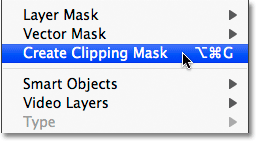 The Create Clipping Mask command in Photoshop.