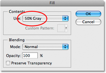 Setting the Use option to '50% Gray' in the Fill dialog box in Photoshop.