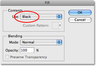 The Fill command dialog box in Photoshop.