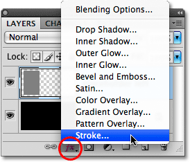 Selecting a Stroke layer style from the Layers panel in Photoshop.