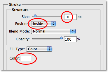 Changing the options for the Stroke layer style in Photoshop.