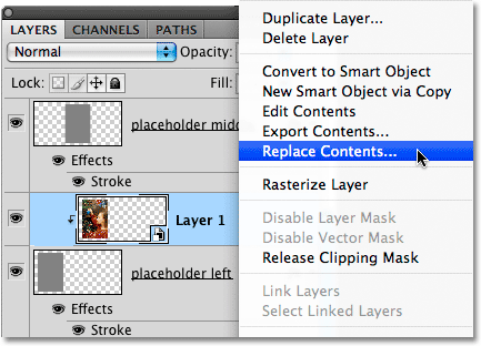 Choosing the 'Replace Contents' option in the Layers panel.