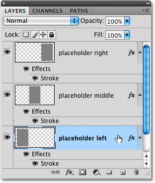 Selecting the 'placeholder left' layer in the Layers panel.