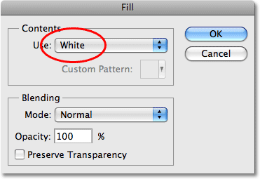 The Fill command dialog box in Photoshop.