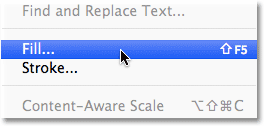 Selecting the Fill command from the Edit menu in Photoshop.
