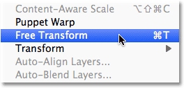 Selecting the Free Transform command in Photoshop.