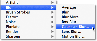 تحديد مرشح Gaussian Blur في Photoshop.