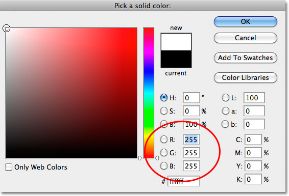 Choosing white from the Color Picker in Photoshop. Image © 2010 Photoshop Essentials.com.