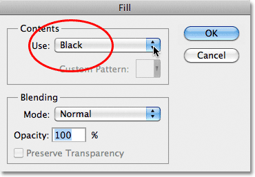 The Fill command dialog box in Photoshop.