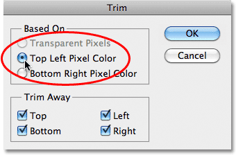 The Trim dialog box in Photoshop.