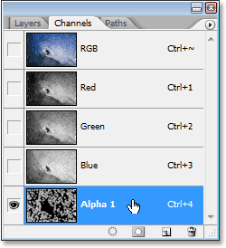 Photoshop's Channels palette showing the saved selection as 'Alpha 1'.