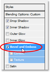 Clicking on the words 'Bevel and Emboss'.