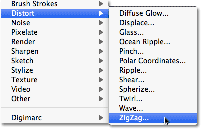 Selecting the ZigZag filter in Photoshop.