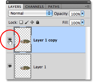 أيقونة رؤية الطبقة في لوحة Layers في Photoshop.