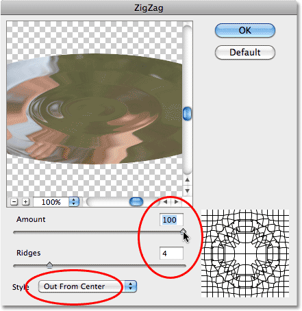 Using different settings in the ZigZag filter dialog box.