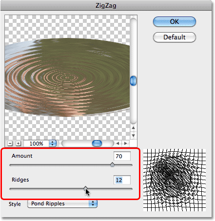 خيارات Amount and Ridges في مربع حوار مرشح ZigZag.