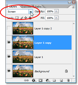 Changing the layer blend mode of 'Layer 1 copy' to 'Screen'.