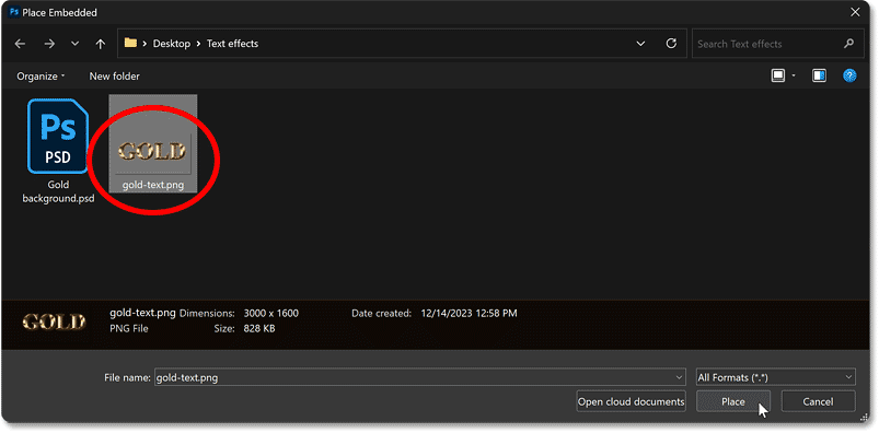 Choosing the PNG file to place into the document.