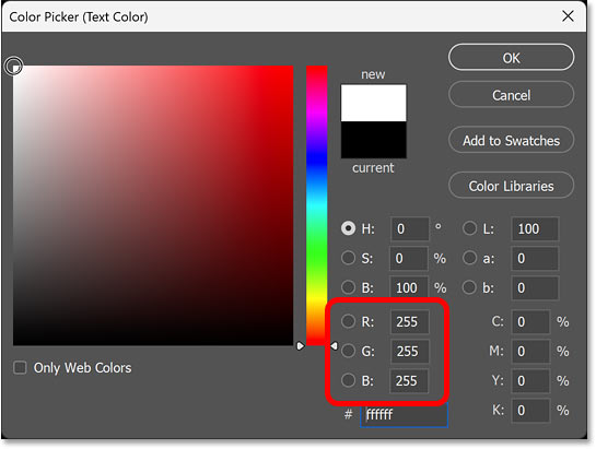 Choosing white for the text color from the Color Picker.