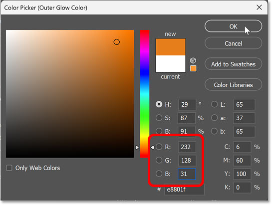 Choosing a color for the Outer Glow.