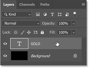 The type layer in the Layers panel in Photoshop.