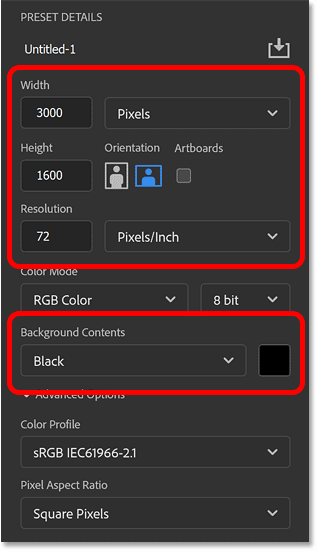 The new Photoshop document settings.