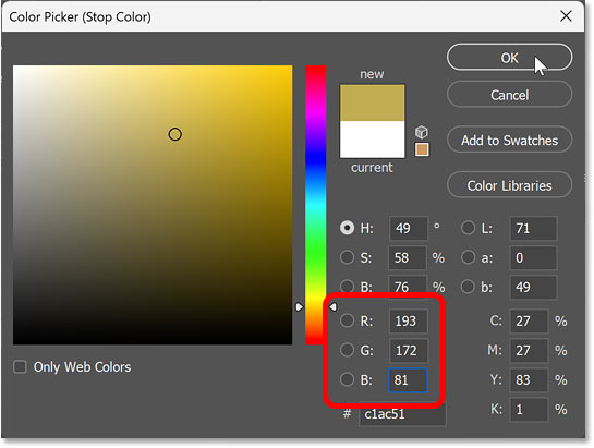 Choosing the second color for the gold gradient.