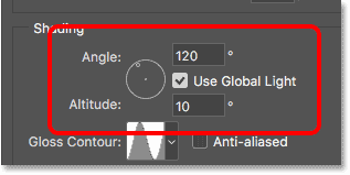 خيارات Angle و Altitude لنمط طبقة Bevel and Emboss