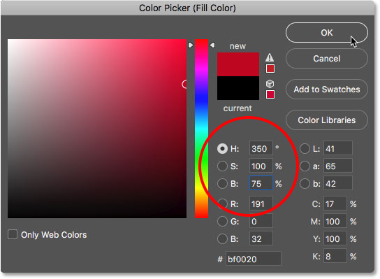 Choosing a candy cane red from the Color Picker in Photoshop