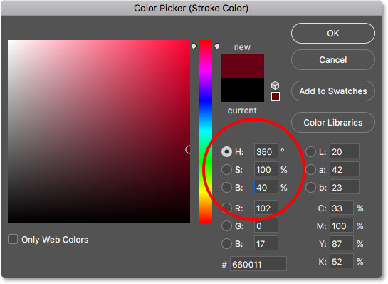 اختيار اللون الأحمر للون الحد في Color Picker