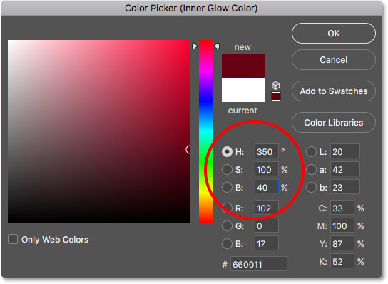 Choosing the new color for the Inner Glow layer style