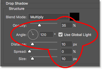 The Drop Shadow options in the Layer Style dialog box