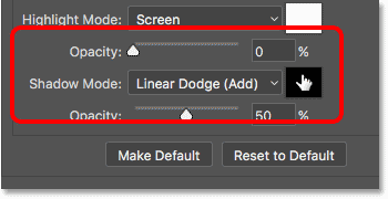 The Highlight Mode and Shadow Mode Bevel and Emboss options