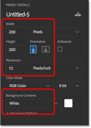 The new Photoshop document settings