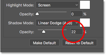 Setting the Shadow Mode opacity to 22 percent in the Bevel and Emboss options