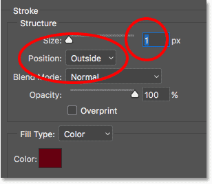 The Stroke options in the Layer Style dialog box