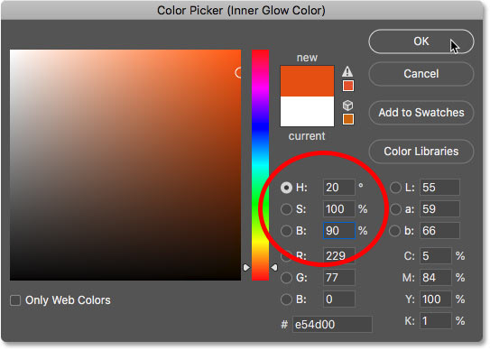 Setting the Inner Glow color to orange in the Color Picker