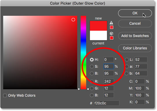 Setting the Outer Glow color to bright red in Photoshop