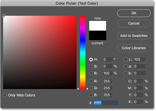 Setting the type color to white in the Color Picker in Photoshop