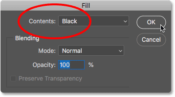 Setting the Contents option to Black in the Fill dialog box in Photoshop