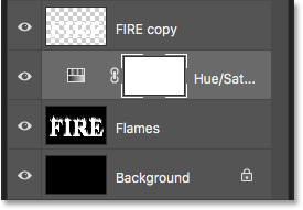 The Hue/Saturation adjustment layer is added above the Flames layer