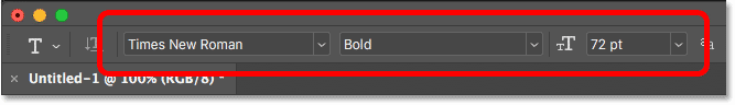 Choosing a font and type size in the Options Bar in Photoshop