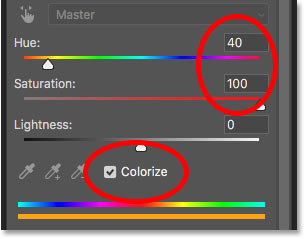 The Hue/Saturation adjustment layer controls in the Properties panel