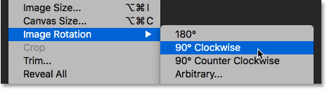 Choosing the Image Rotation 90 degrees Clockwise option in Photoshop