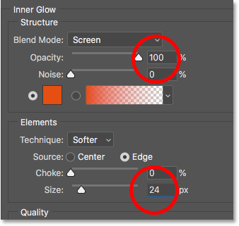 Setting the opacity and size of the Inner Glow layer effect