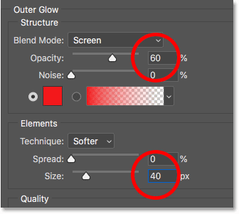 Setting the opacity and size of the Outer Glow layer effect in Photoshop