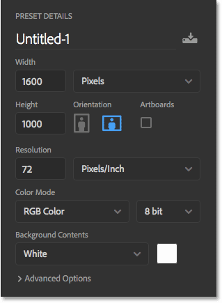 The new Photoshop document settings