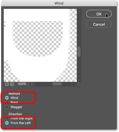 The Wind filter settings in Photoshop