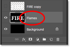 Renaming the merged layer 'Flames'in the Layers panel in Photoshop