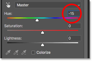 Setting the Hue value to -15 in the Properties panel